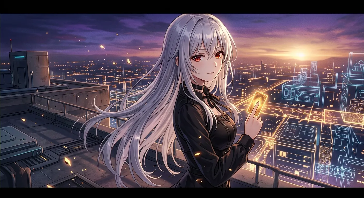 夕暮れの屋上で光るカードを手にするエリス